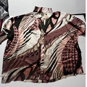 Umgee Womens Abstract Print Button Front Blouse Mauve Black Size M Retro Boho